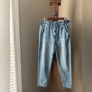 SO Women’s High Rise Mom Jeans with Paperbag Waist Distressed Light Wash 11/30W